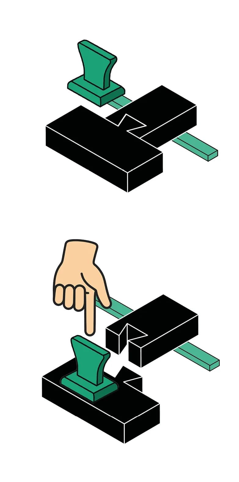 Ilustración del uso de DES-Encaja: el sello verde presiona el palito que hace palanca bajo la pieza negra