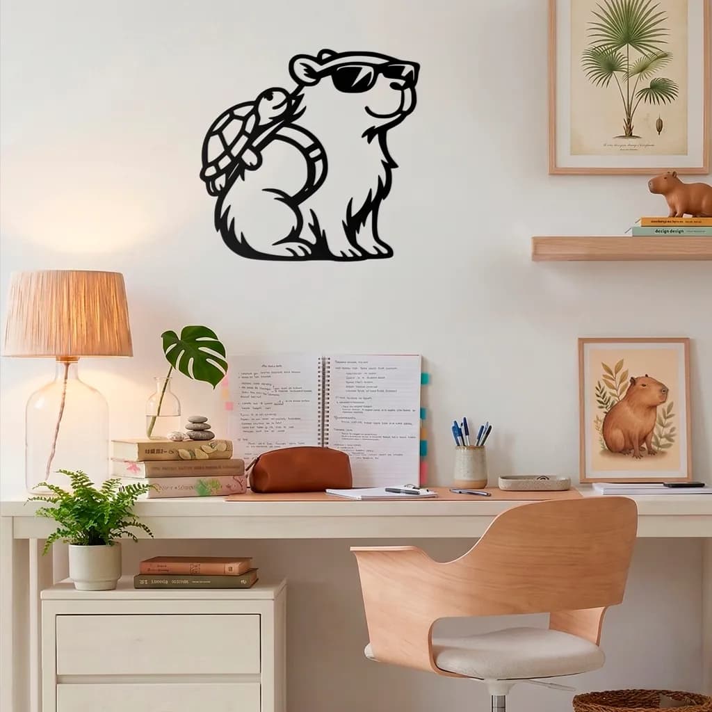 Silueta de capibara con mochila de tortuga impresa en 3D, montada en la pared de un escritorio
