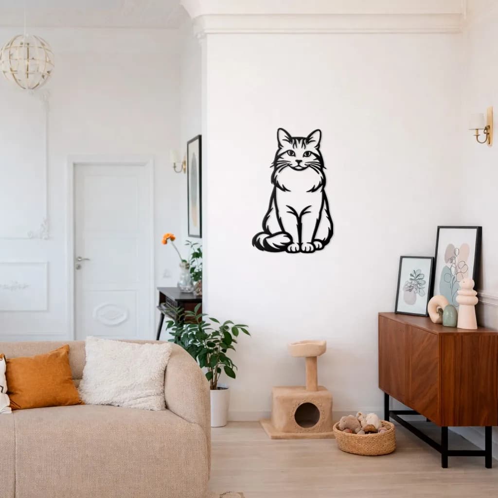 Silueta de gato impresa en 3D montada en una pared
