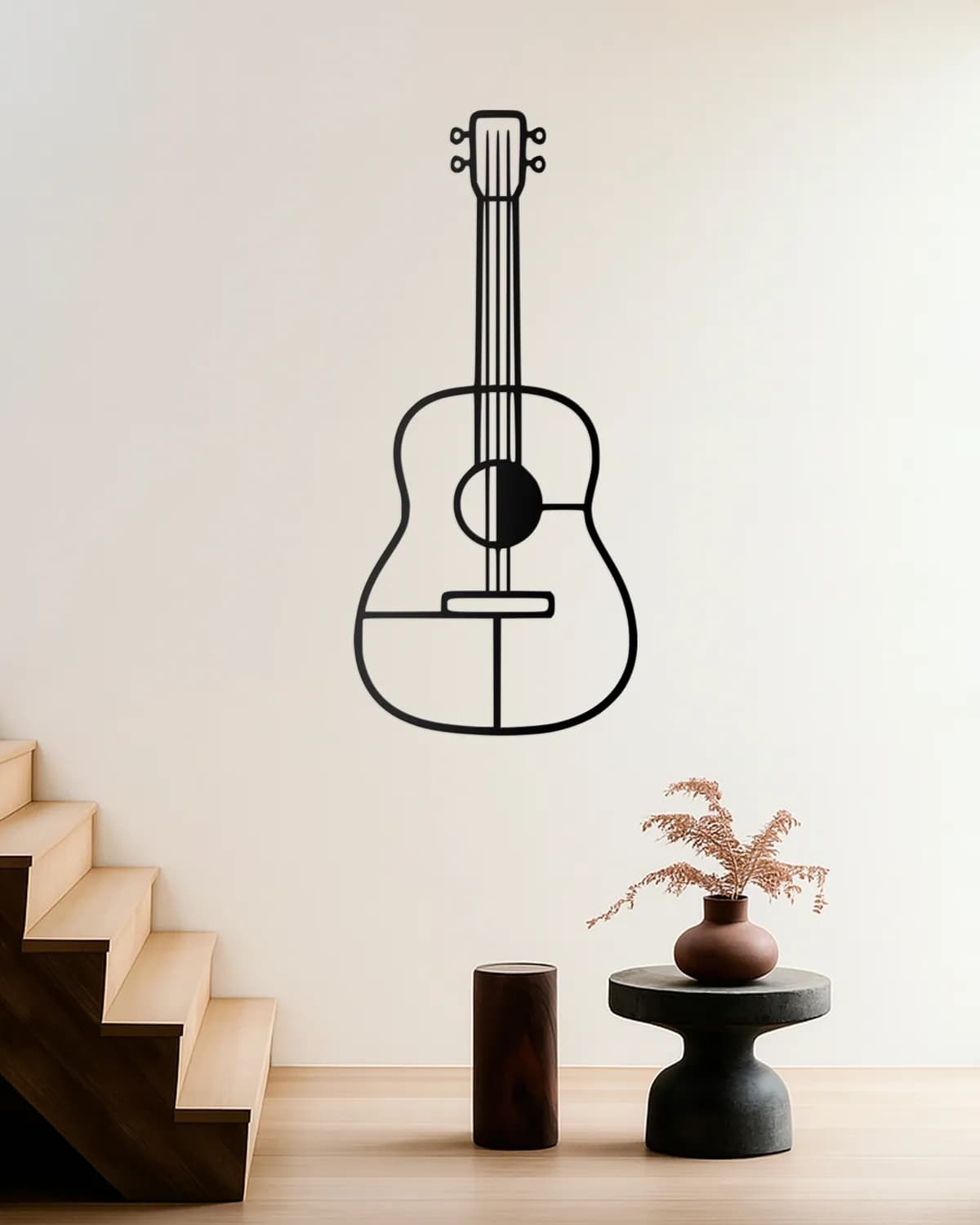 La guitarra impresa en 3D colgada en la pared de un recibidor