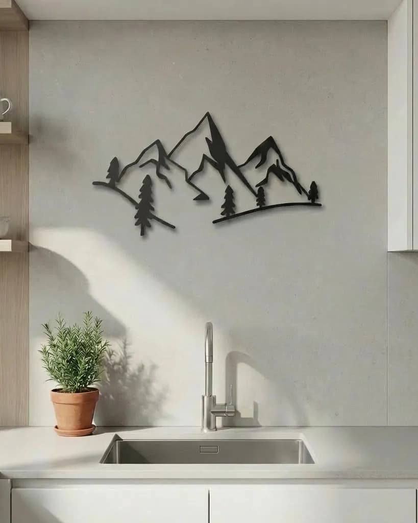 Las montañas impresas en 3D en la pared de una cocina